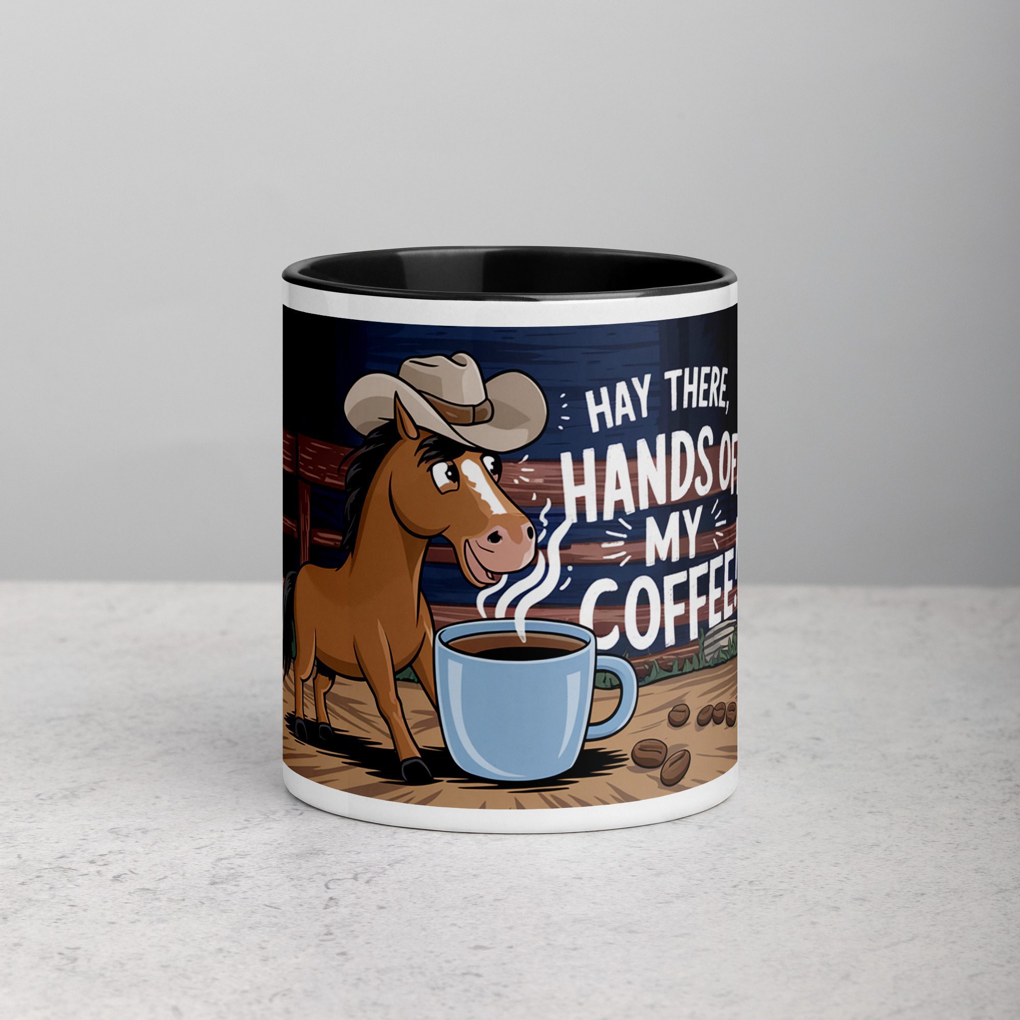 white-ceramic-mug-with-color-inside-black-11-oz-front-676b08f445c3b.jpg Hay There, Hands Off My Coffee! Horse Mug - Image 1