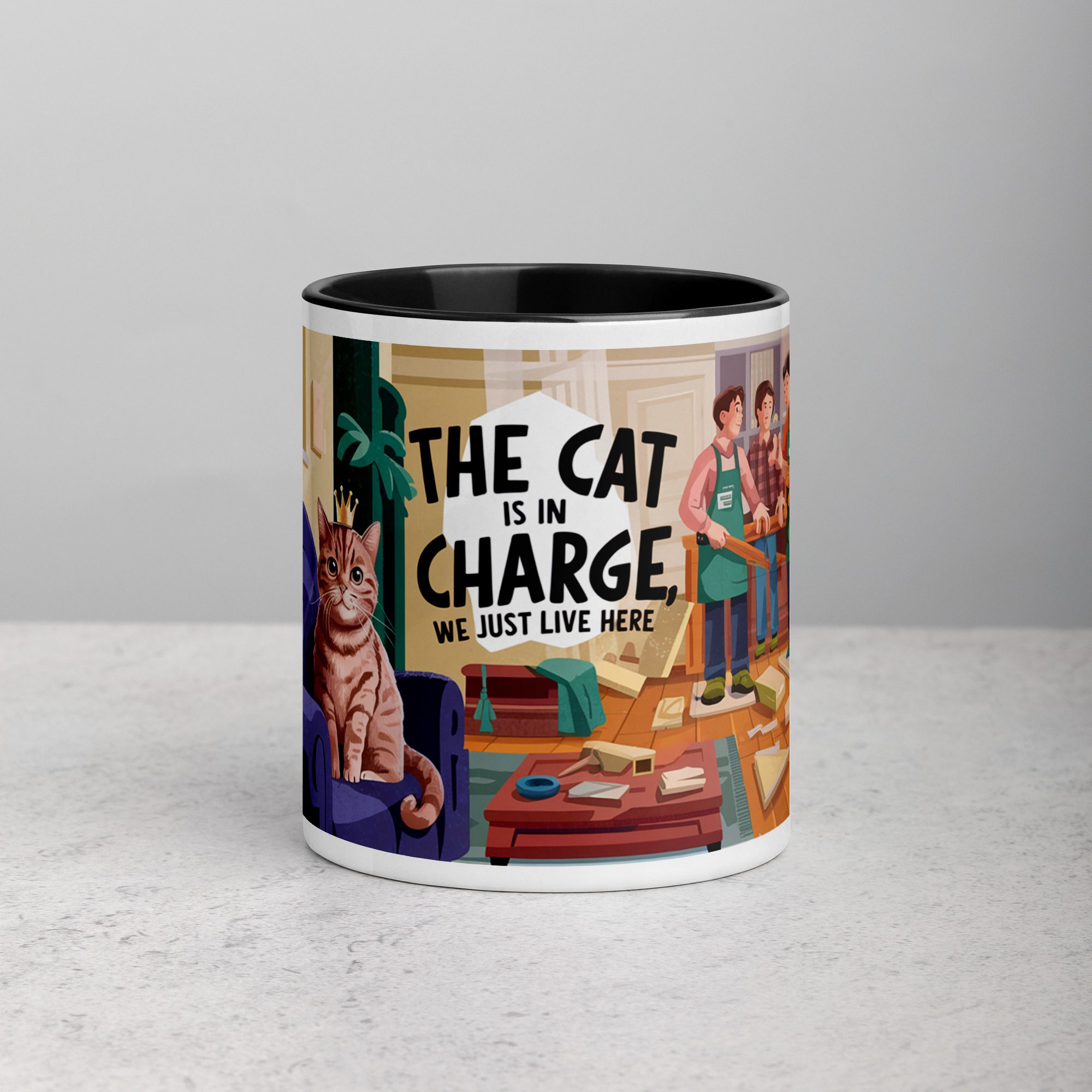 white-ceramic-mug-with-color-inside-black-11-oz-front-676f0b7658386.jpg The Cat Is in Charge, We Just Live Here Mug - Image 1