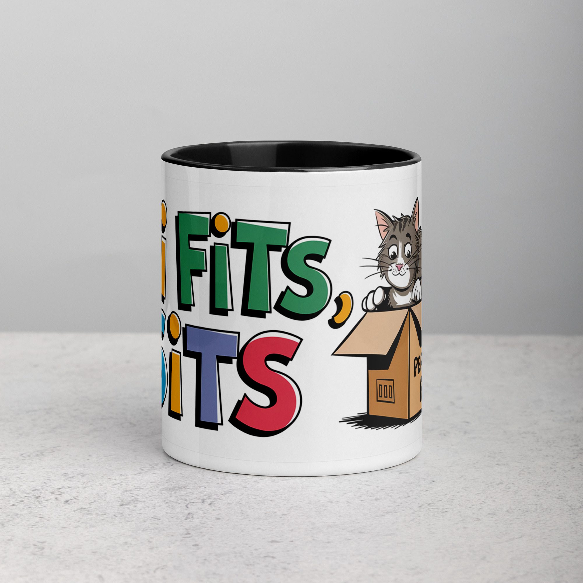 white-ceramic-mug-with-color-inside-black-11-oz-front-676f0bcb4686c.jpg If I Fits, I Sits Cat Coffee Mug & Tea Cup - Image 1