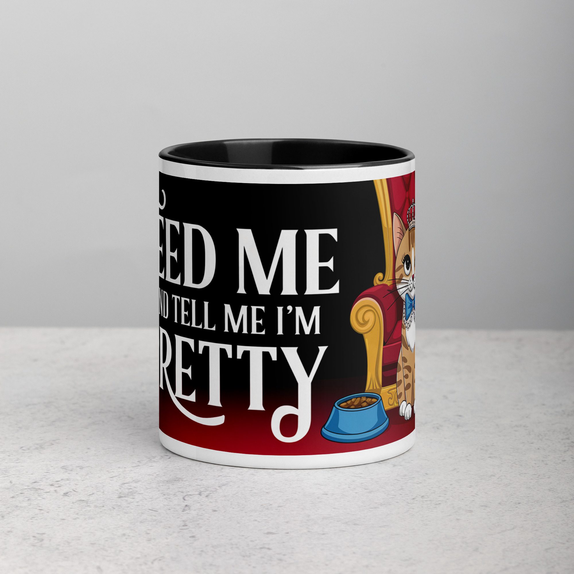 white-ceramic-mug-with-color-inside-black-11-oz-front-676f0c1987506.jpg Feed Me and Tell Me I’m Pretty Cat Mug - Image 1