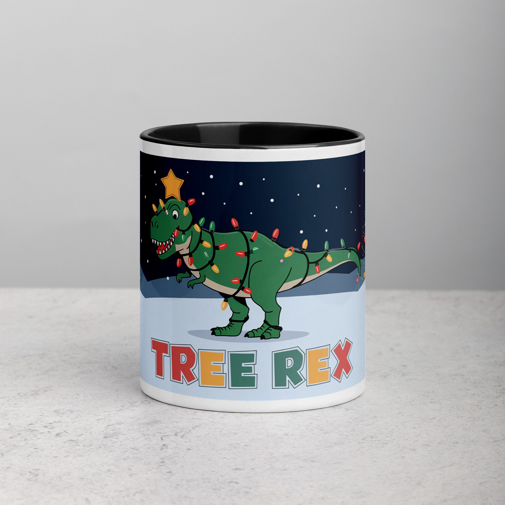 white-ceramic-mug-with-color-inside-black-11-oz-front-6770250720b16.jpg Tree Rex Christmas Coffee Mug - Image 1