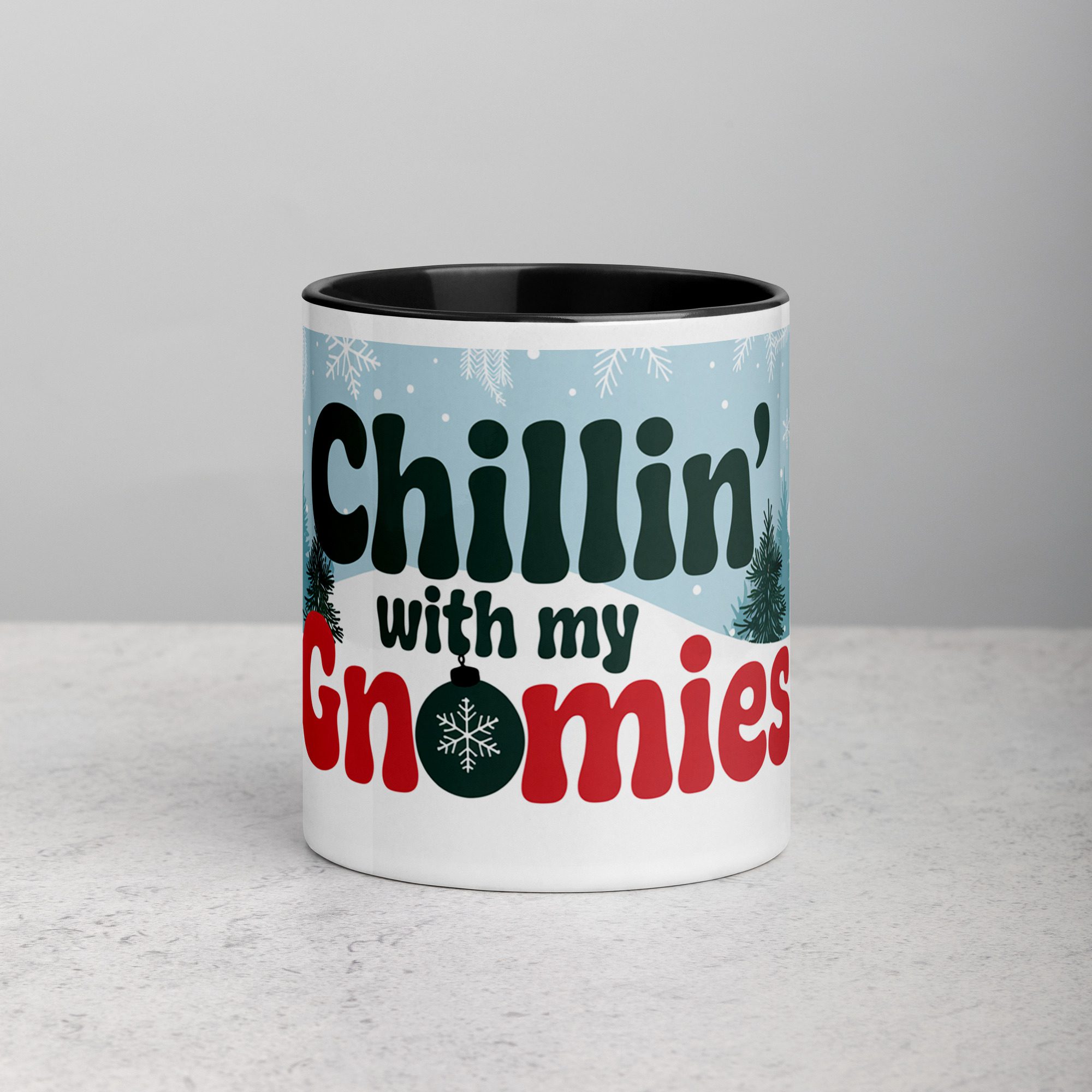 white-ceramic-mug-with-color-inside-black-11-oz-front-677026a1d2bbf.jpg Chillin’ with My Gnomies Christmas Mug - Image 1