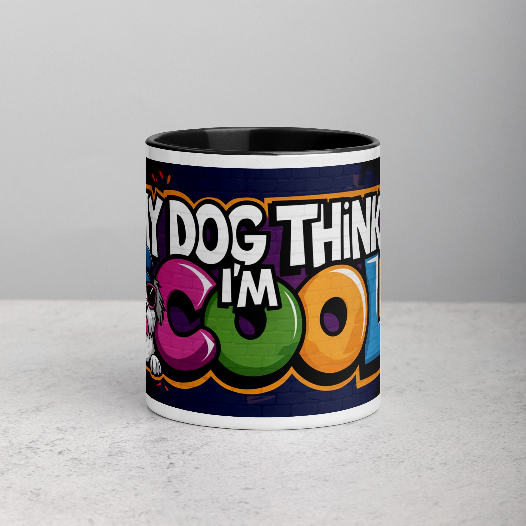 white-ceramic-mug-with-color-inside-black-11-oz-front-67704a7fa8210.jpg My Dog Thinks I’m Cool Coffee Mug - Image 1
