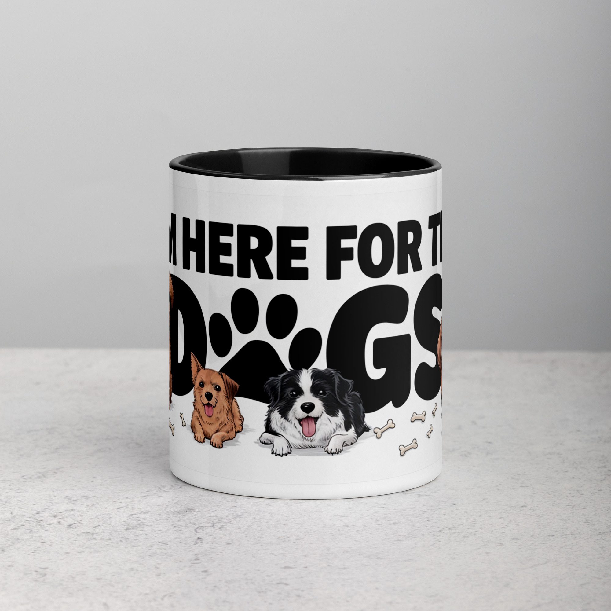 white-ceramic-mug-with-color-inside-black-11-oz-front-67704bfda1e19.jpg I’m Here for the Dogs Coffee Mug - Image 1