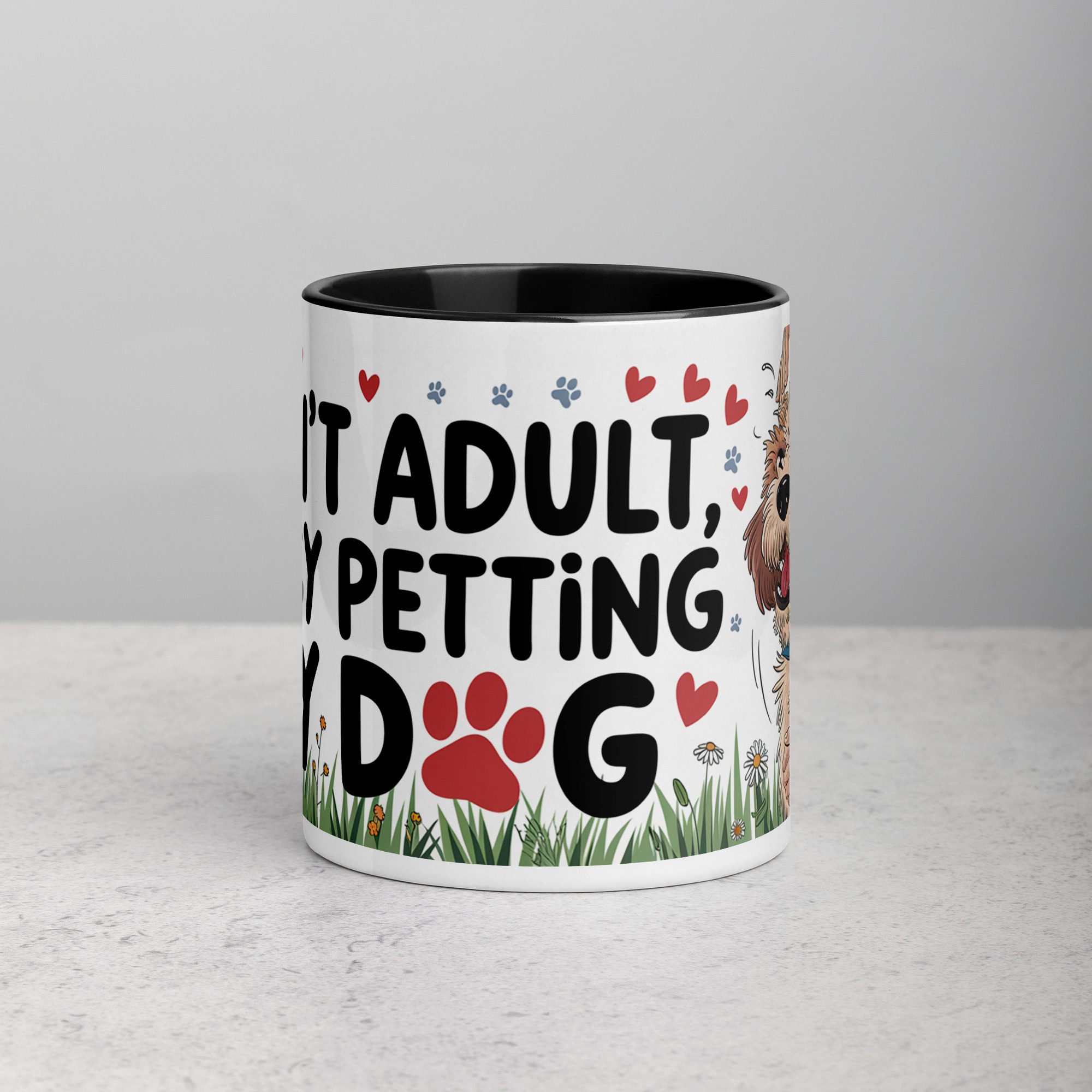 white-ceramic-mug-with-color-inside-black-11-oz-front-67704c5d7e124.jpg Can’t Adult, Busy Petting My Dog Mug - Image 1