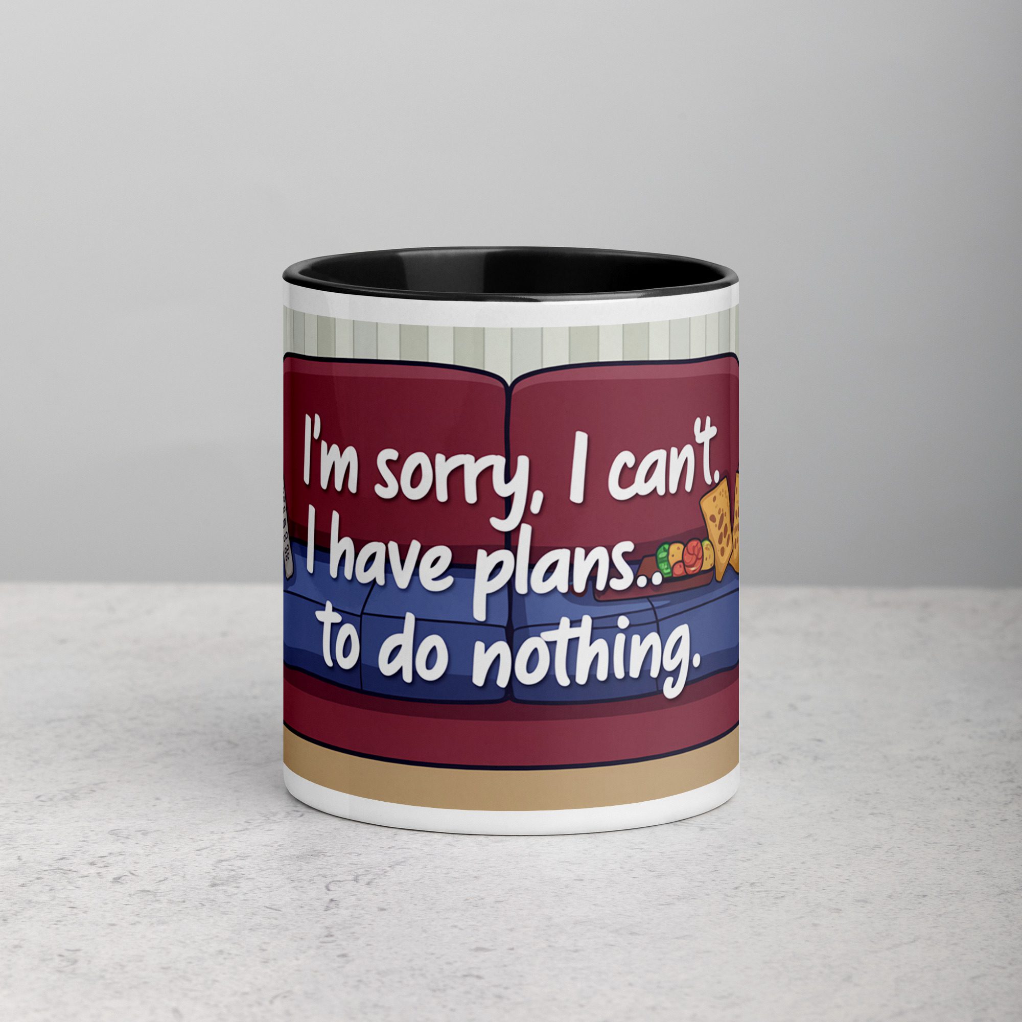 white-ceramic-mug-with-color-inside-black-11-oz-front-6772f339e28cd.jpg I’m Sorry, I Can’t. I Have Plans… To Do Nothing Sarcastic Mug - Image 1