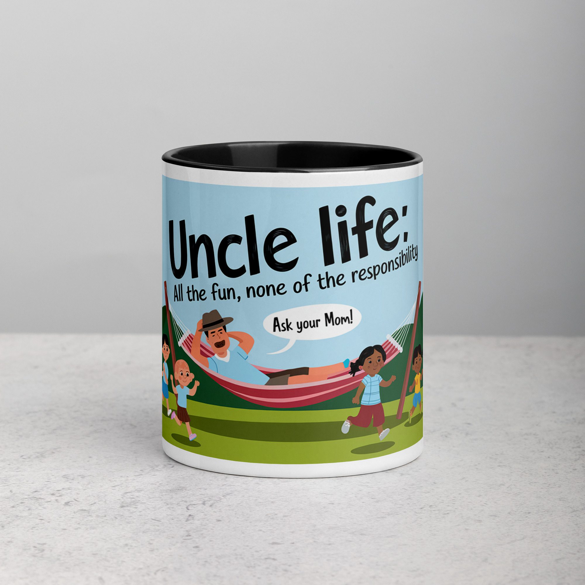 white-ceramic-mug-with-color-inside-black-11-oz-front-6772fe3a604ef.jpg Uncle Life: All the Fun, None of the Responsibility Coffee Mug - Image 1