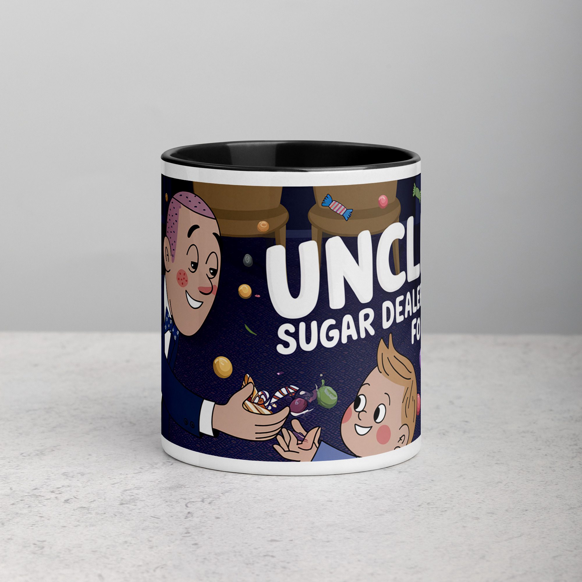 white-ceramic-mug-with-color-inside-black-11-oz-front-6772fece5bfa3.jpg Uncles: Sugar Dealers Since Forever Coffee Mug - Image 1