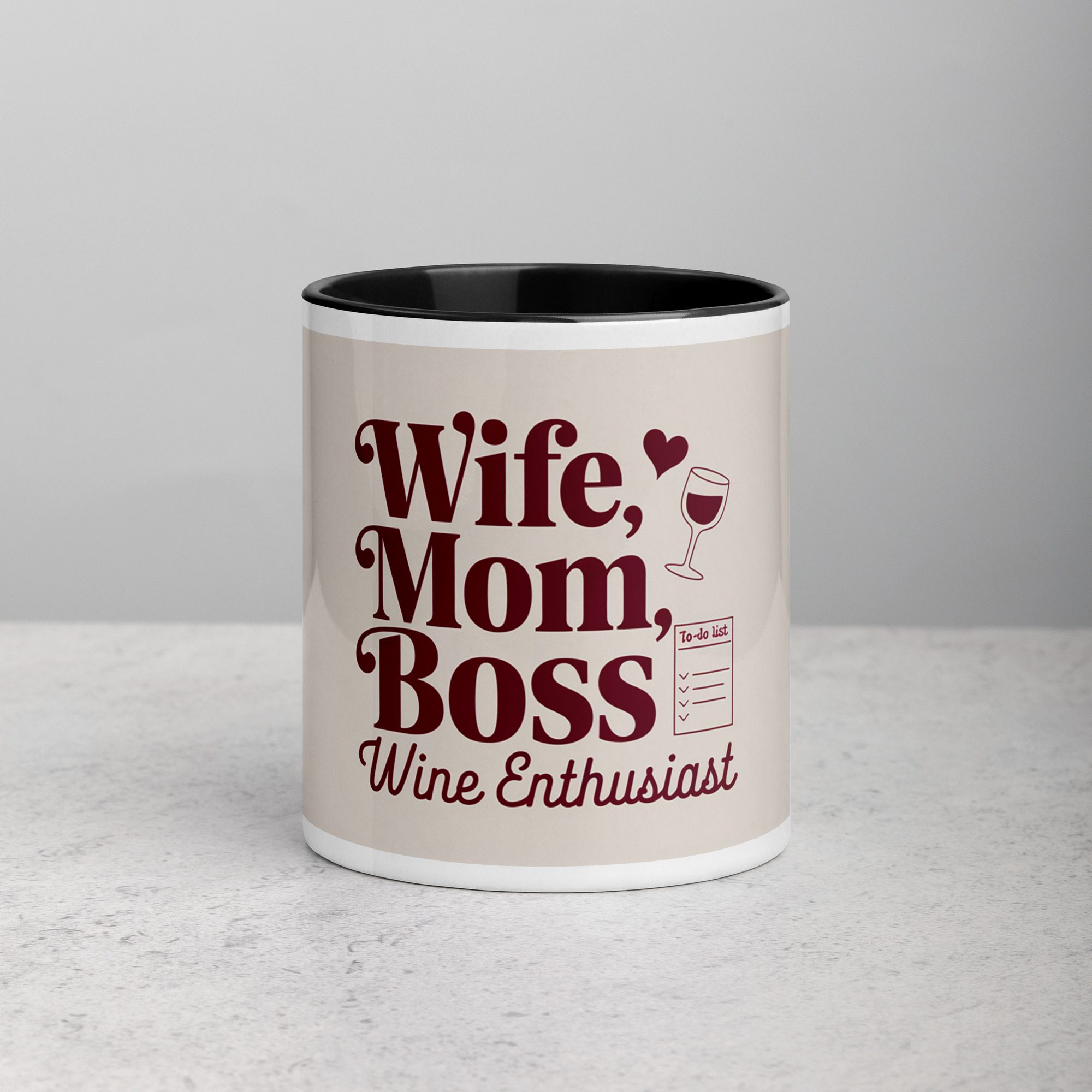 white-ceramic-mug-with-color-inside-black-11-oz-front-677301c6b2612.jpg Wife, Mom, Boss, Wine Enthusiast Coffee Mug - Image 1