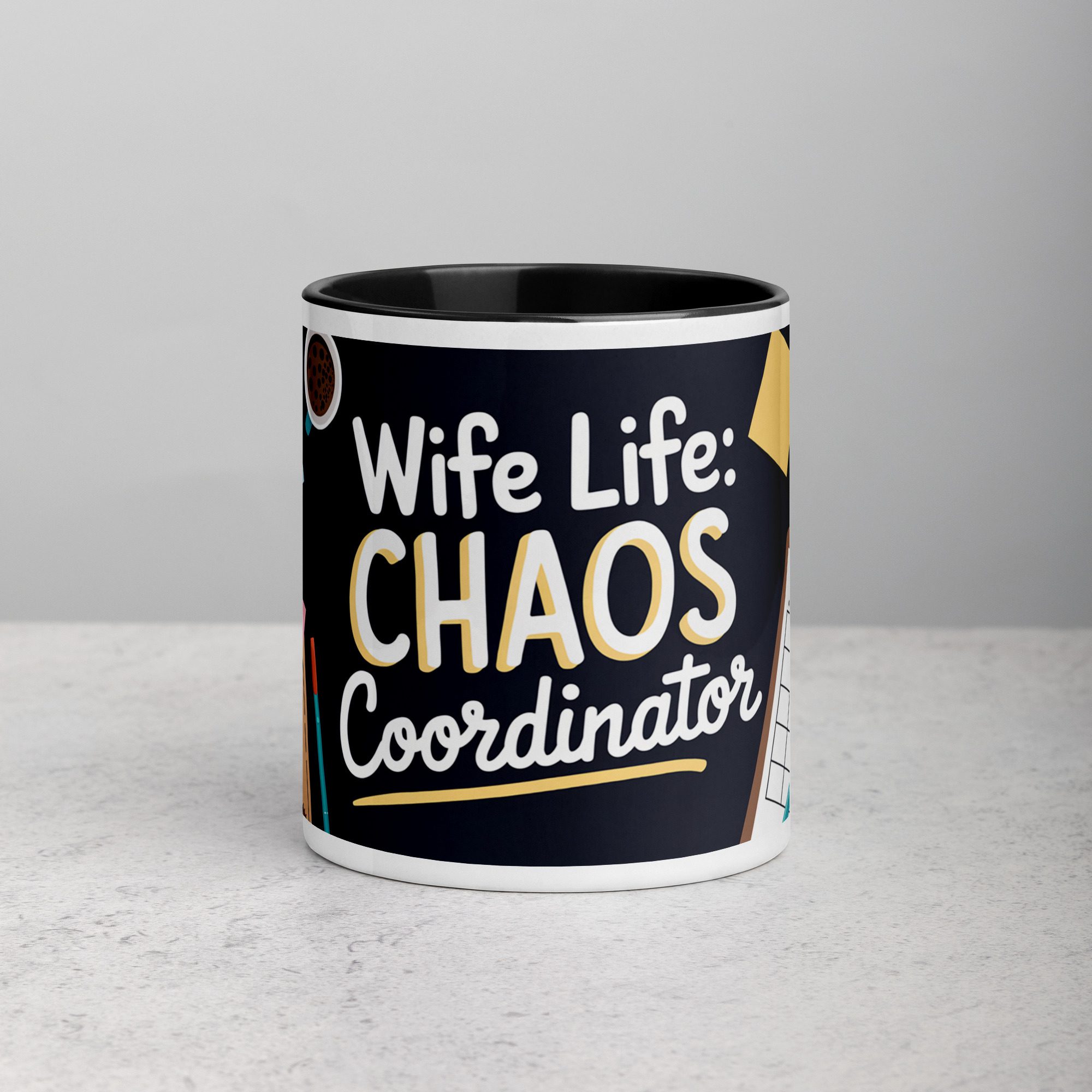 white-ceramic-mug-with-color-inside-black-11-oz-front-6773035802bb1.jpg Wife Life: Chaos Coordinator Coffee Mug - Image 1