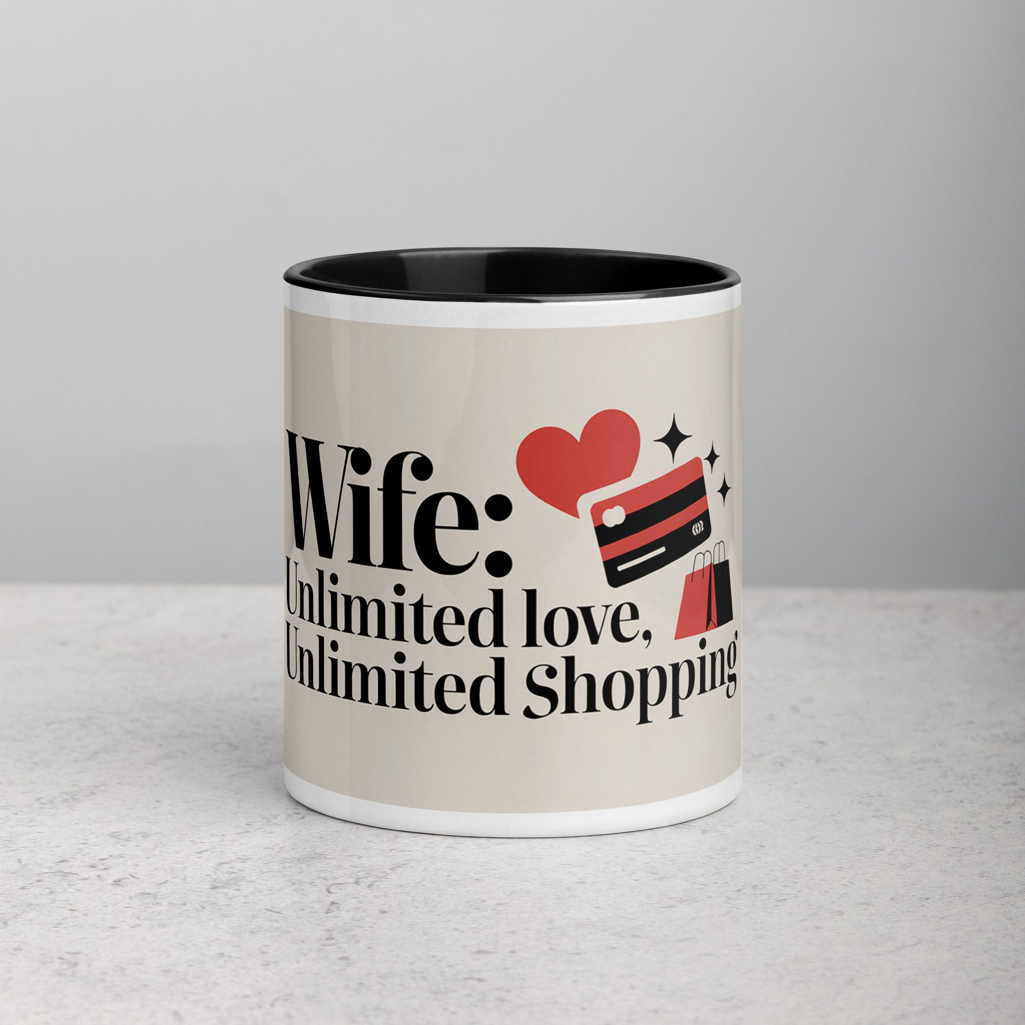 white-ceramic-mug-with-color-inside-black-11-oz-front-6773056d0722d.jpg Wife: Unlimited Love, Unlimited Shopping Coffee Mug - Image 1