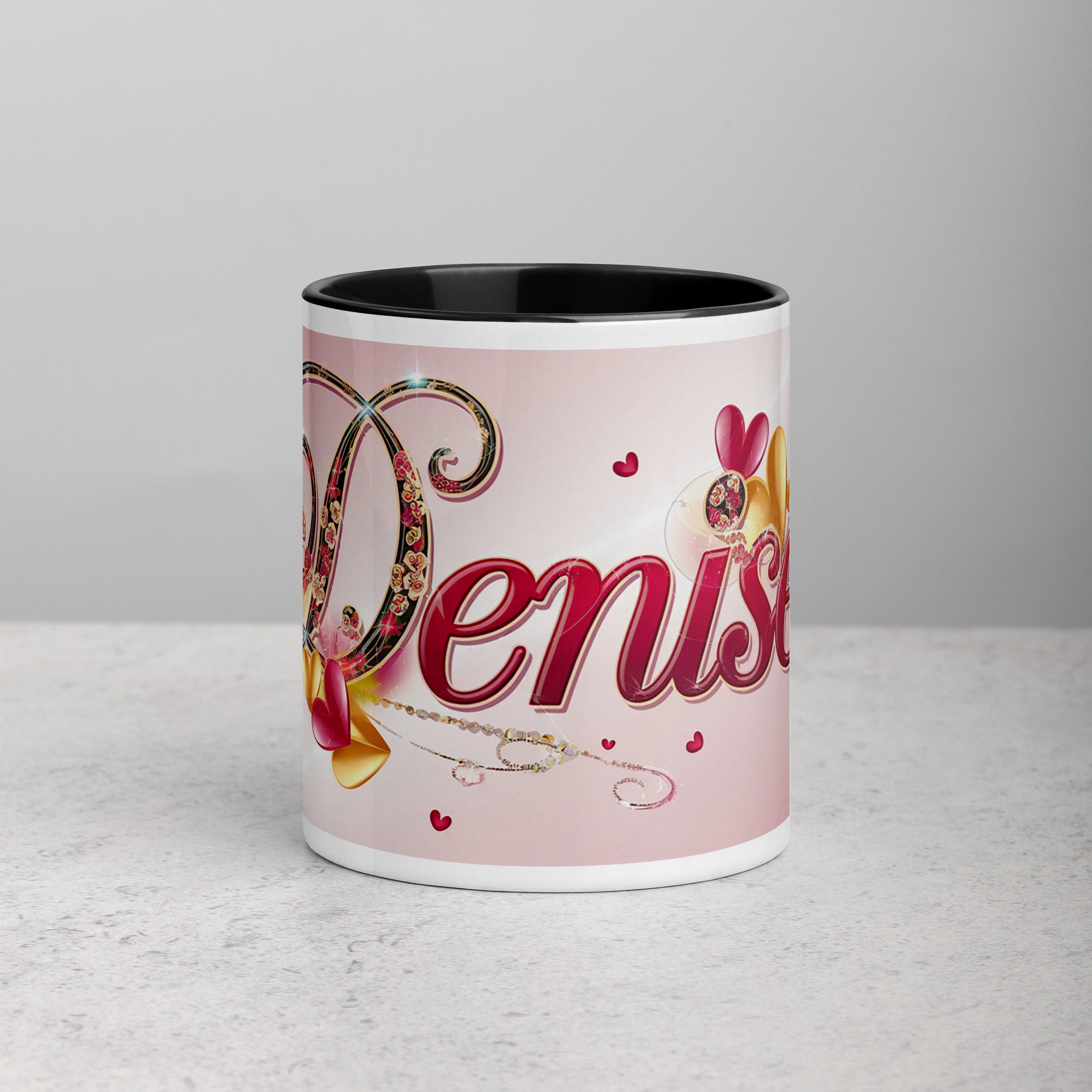 white-ceramic-mug-with-color-inside-black-11-oz-front-677571e318dd6.jpg Denise - Name Coffee Mug & Tea Cup - Image 1