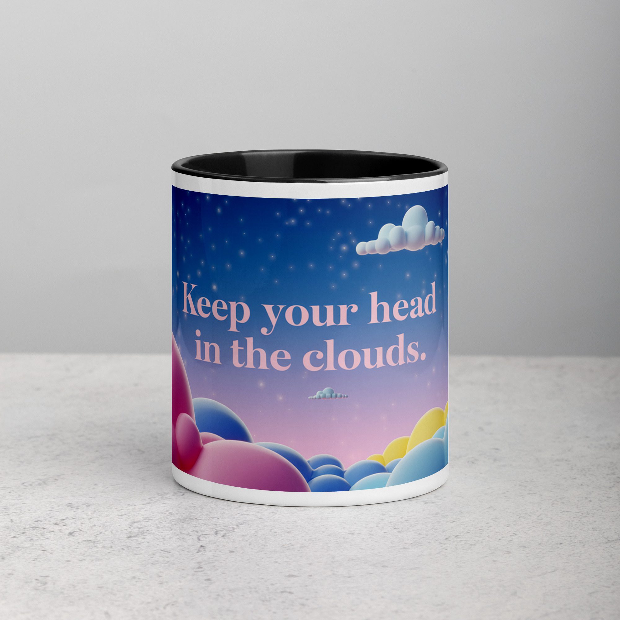white-ceramic-mug-with-color-inside-black-11-oz-front-6775860daa6fb.jpg Keep Your Head in the Clouds. Inspirational Mug - Image 1